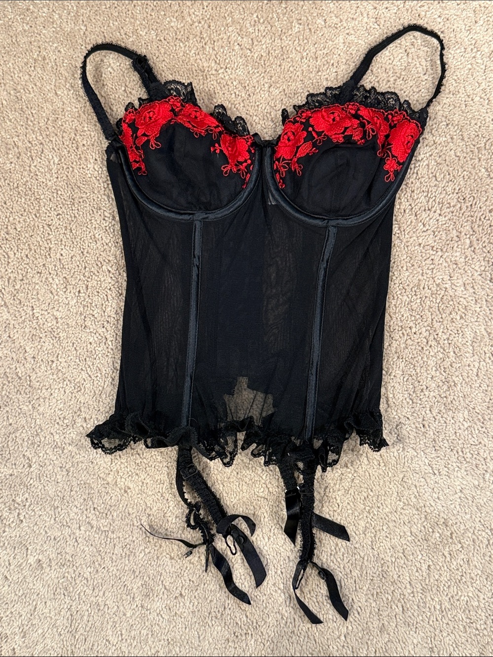 Vintage Victoria’s Secret Black Lace Bustier with Red Floral Embroidery